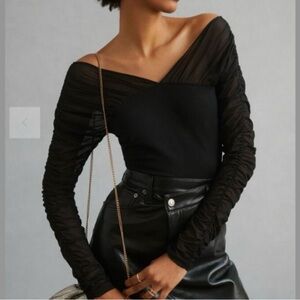 Anthropologie Maeve black shirred mesh v neck top off shoulder XL NWT